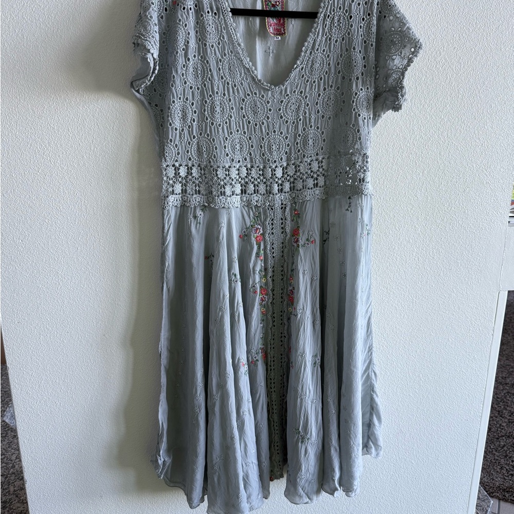 Johnny Was Gray Lace Dress with Floral Accents, Size Medium